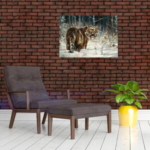 Tablou pe sticlă - Tigru într-o pădure înzăpezită, pictură în ulei (70x50 cm)