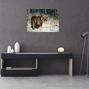 Tablou pe sticlă - Tigru într-o pădure înzăpezită, pictură în ulei (70x50 cm)