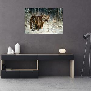 Tablou - Tigru într-o pădure înzăpezită, pictură în ulei (90x60 cm)