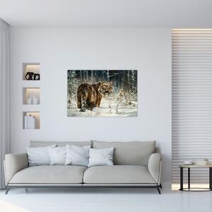 Tablou - Tigru într-o pădure înzăpezită, pictură în ulei (90x60 cm)