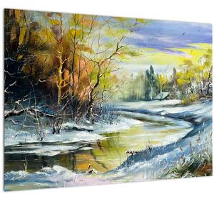 Tablou pe sticlă - Râu de iarnă, pictură în ulei (70x50 cm)