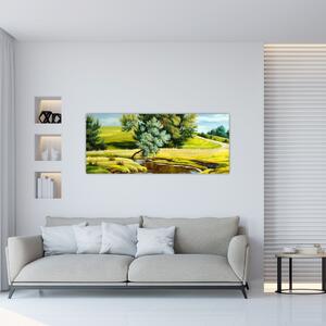 Tablou - Râu între câmpii, pictură în ulei (120x50 cm)