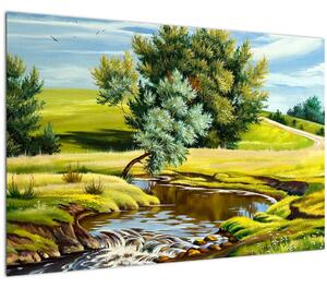 Tablou - Râu între câmpii, pictură în ulei (90x60 cm)