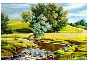 Tablou - Râu între câmpii, pictură în ulei (90x60 cm)