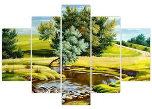 Tablou - Râu între câmpii, pictură în ulei (150x105 cm)