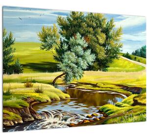 Tablou - Râu între câmpii, pictură în ulei (70x50 cm)