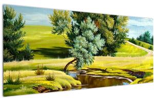 Tablou - Râu între câmpii, pictură în ulei (120x50 cm)