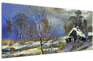 Tablou -Cabane într-un peisaj de iarnă, pictură în ulei (120x50 cm)
