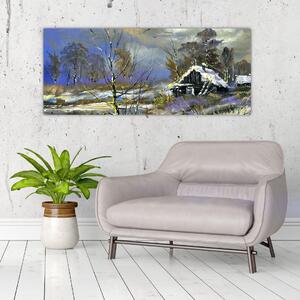 Tablou -Cabane într-un peisaj de iarnă, pictură în ulei (120x50 cm)