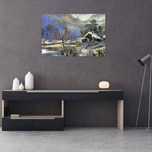 Tablou -Cabane într-un peisaj de iarnă, pictură în ulei (90x60 cm)