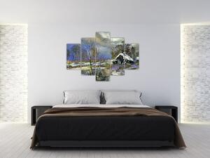 Tablou -Cabane într-un peisaj de iarnă, pictură în ulei (150x105 cm)
