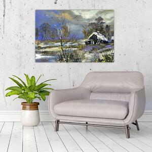 Tablou -Cabane într-un peisaj de iarnă, pictură în ulei (90x60 cm)