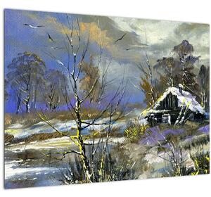 Tablou -Cabane într-un peisaj de iarnă, pictură în ulei (70x50 cm)
