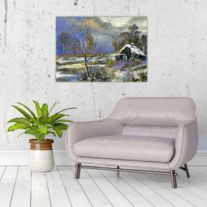 Tablou -Cabane într-un peisaj de iarnă, pictură în ulei (70x50 cm)