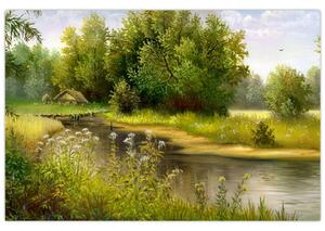 Tablou - Râu lângă pădure, pictură în ulei (90x60 cm)