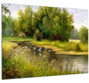 Tablou - Râu lângă pădure, pictură în ulei (70x50 cm)