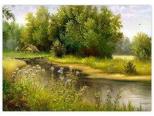 Tablou - Râu lângă pădure, pictură în ulei (70x50 cm)