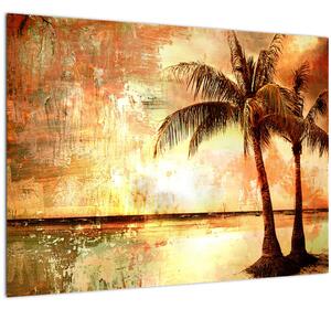 Tablou pe sticlă - Palmieri pe plajă (70x50 cm)