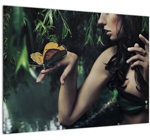 Tablou pe sticlă - Femeia grațioasă cu fluture (70x50 cm)
