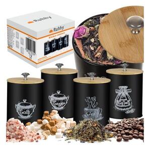 Set 4 recipiente pentru bucatarie, capac bambus, capacitate 1.5 L, negru mat, maro