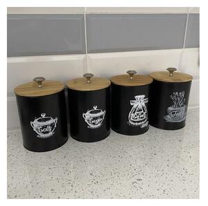 Set 4 recipiente pentru bucatarie, capac bambus, capacitate 1.5 L, negru mat, maro