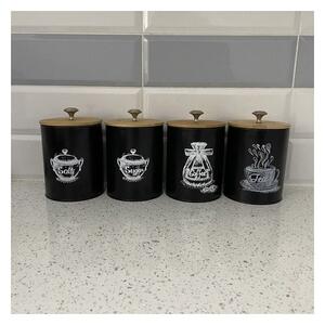 Set 4 recipiente pentru bucatarie, capac bambus, capacitate 1.5 L, negru mat, maro