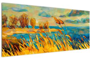 Tablou - Apus de soare peste lac, pictură acrilică (120x50 cm)