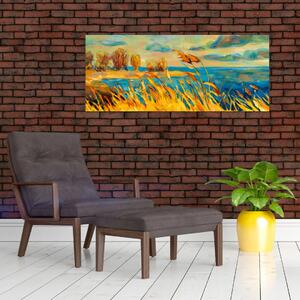 Tablou - Apus de soare peste lac, pictură acrilică (120x50 cm)