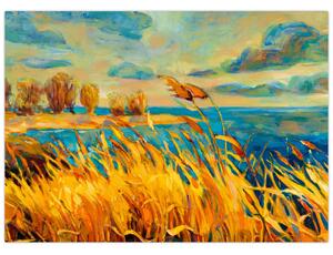 Tablou - Apus de soare peste lac, pictură acrilică (70x50 cm)