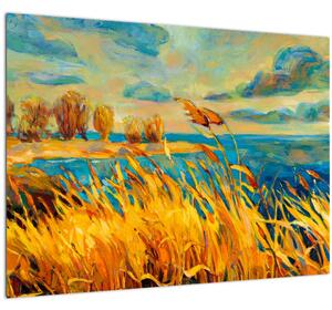 Tablou pe sticlă - Apus de soare peste lac, pictură acrilică (70x50 cm)