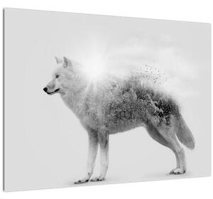 Tablou - Lupul arctic oglindit în peisajul sălbatic, alb-negru (70x50 cm)