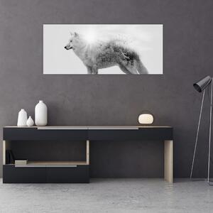 Tablou - Lupul arctic oglindit în peisajul sălbatic, alb-negru (120x50 cm)