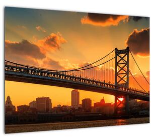 Tablou pe sticlă - Apus de soare peste Podul Ben Franklin, Philadelphia (70x50 cm)