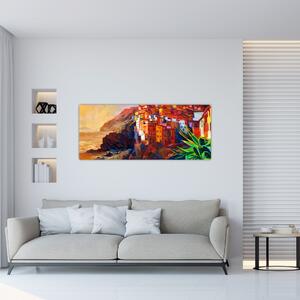Tablou - Satul de coastă Cinque Terre, Riviera italiană, impresionismul modern (120x50 cm)