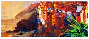 Tablou - Satul de coastă Cinque Terre, Riviera italiană, impresionismul modern (120x50 cm)