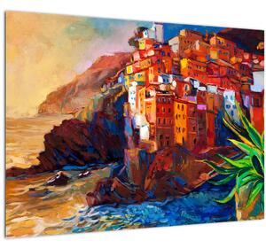 Tablou pe sticlă - Satul de coastă Cinque Terre, Riviera italiană, impresionismul modern (70x50 cm)
