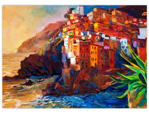 Tablou - Satul de coastă Cinque Terre, Riviera italiană, impresionismul modern (70x50 cm)