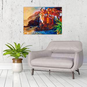 Tablou - Satul de coastă Cinque Terre, Riviera italiană, impresionismul modern (70x50 cm)