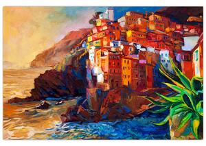 Tablou - Satul de coastă Cinque Terre, Riviera italiană, impresionismul modern (90x60 cm)