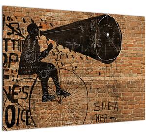 Tablou pe sticlă - Barbat cu biciclete stil Bansky (70x50 cm)