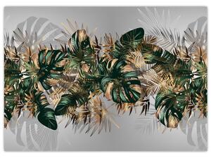 Tablou pe sticlă - Frunze tropicale, Galben - auriu (70x50 cm)