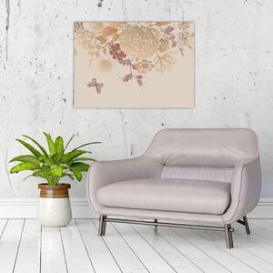 Tablou - Vintage, flori și fluturi (70x50 cm)