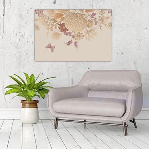 Tablou - Vintage, flori și fluturi (90x60 cm)