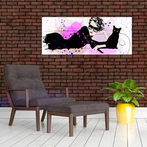 Tablou - Femeia cu pisică neagră (120x50 cm)