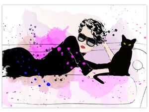 Tablou pe sticlă - Femeia cu pisică neagră (70x50 cm)