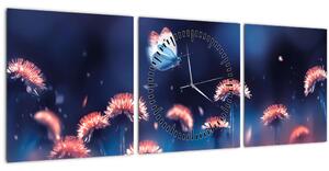 Tablou cu păpădii cu fluture albastru (cu ceas) (90x30 cm)