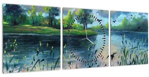 Tablou- Pictură în ulei, seară de vară lângă lac (cu ceas) (90x30 cm)