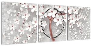 Tablou - Imaginea copacului alb cu flori albe, rosegold (cu ceas) (90x30 cm)