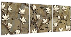 Tablou - Magnolii albe pe zidărie de piatră (cu ceas) (90x30 cm)