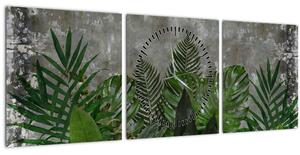 Tablou - Zid de beton cu plante (cu ceas) (90x30 cm)